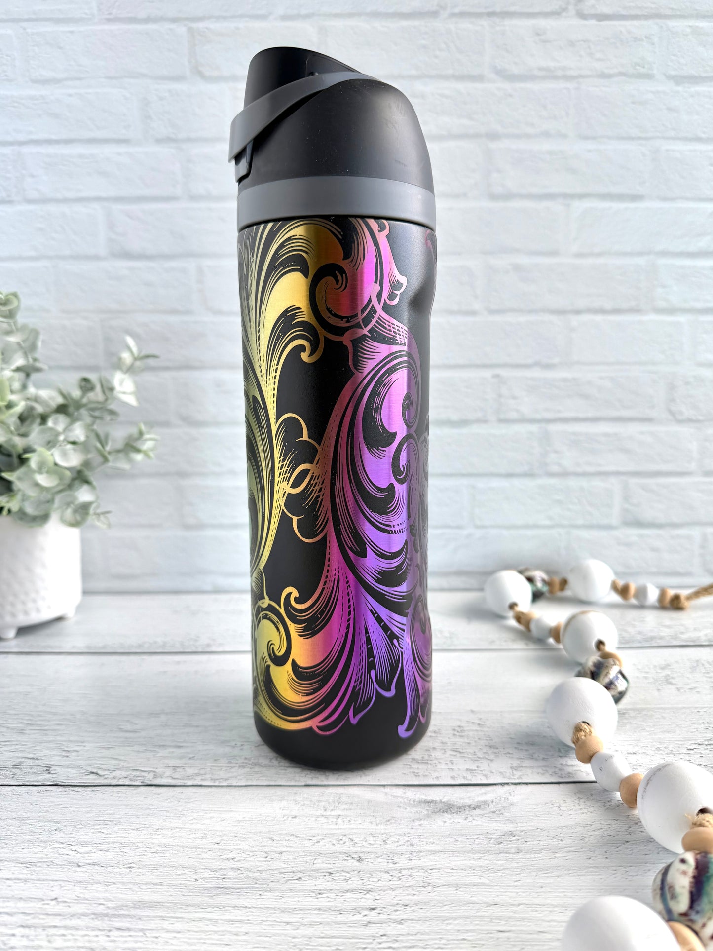 24 Oz Tumbler with Filigree design on Black engraves Rainbow RTS
