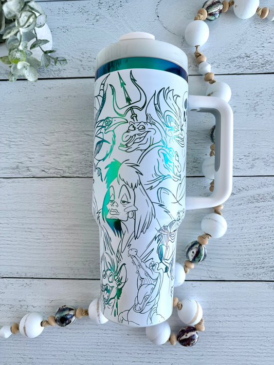 40 Oz Tumbler - Villains on White engraves Green RTS