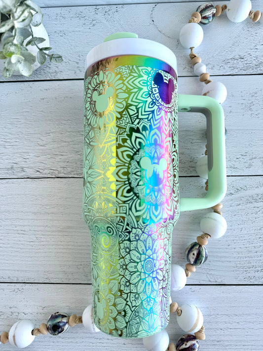 40 oz Tumbler - Magical Mandala on Mint Green engraves Rainbow RTS