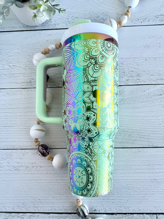 40 oz Tumbler - Magical Mandala on Mint Green engraves Rainbow RTS