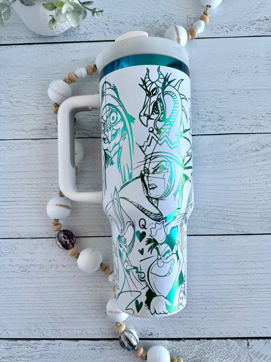 40 Oz Tumbler - Villains on White engraves Green RTS