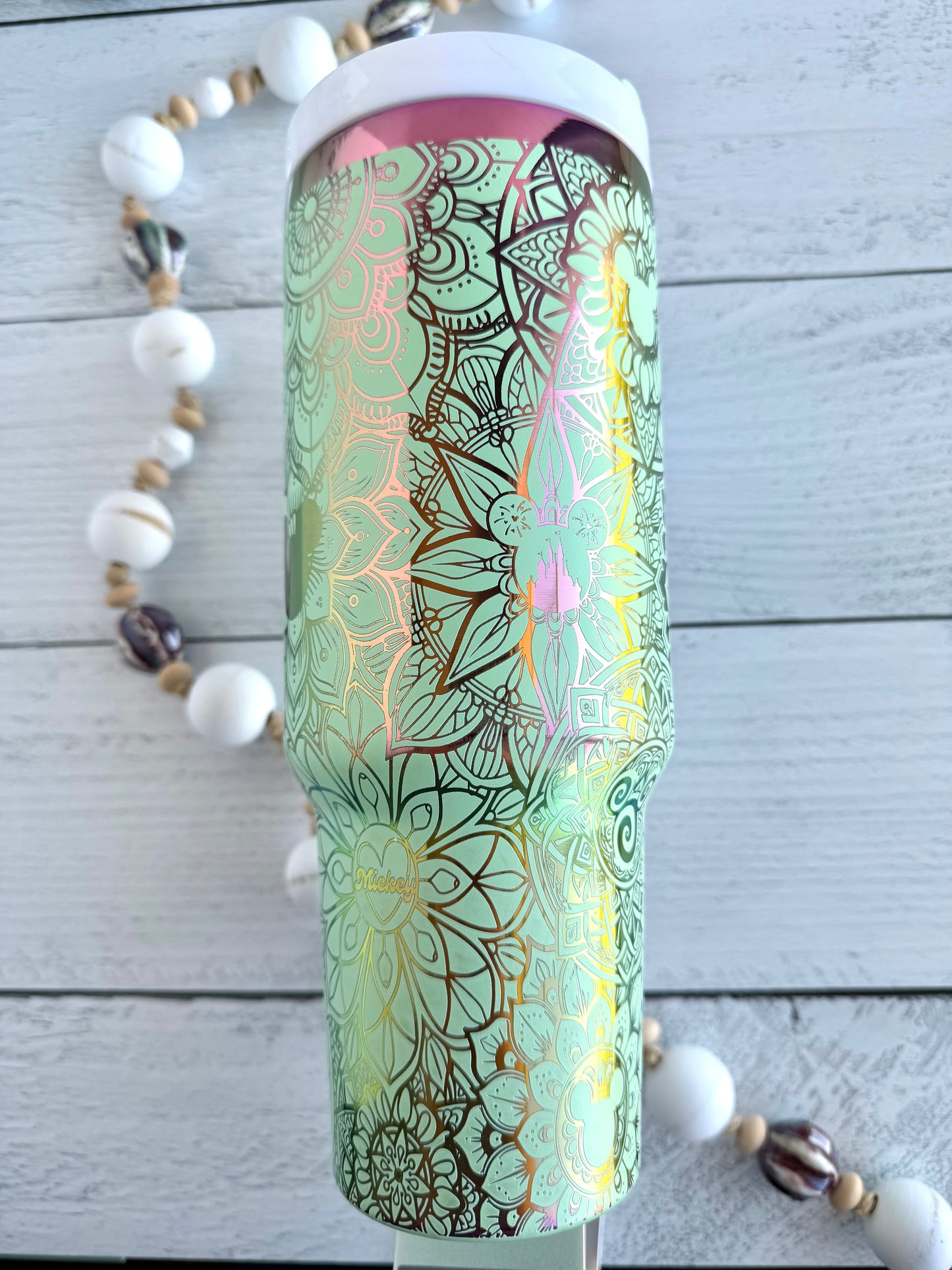 40 oz Tumbler - Magical Mandala on Mint Green engraves Rainbow RTS