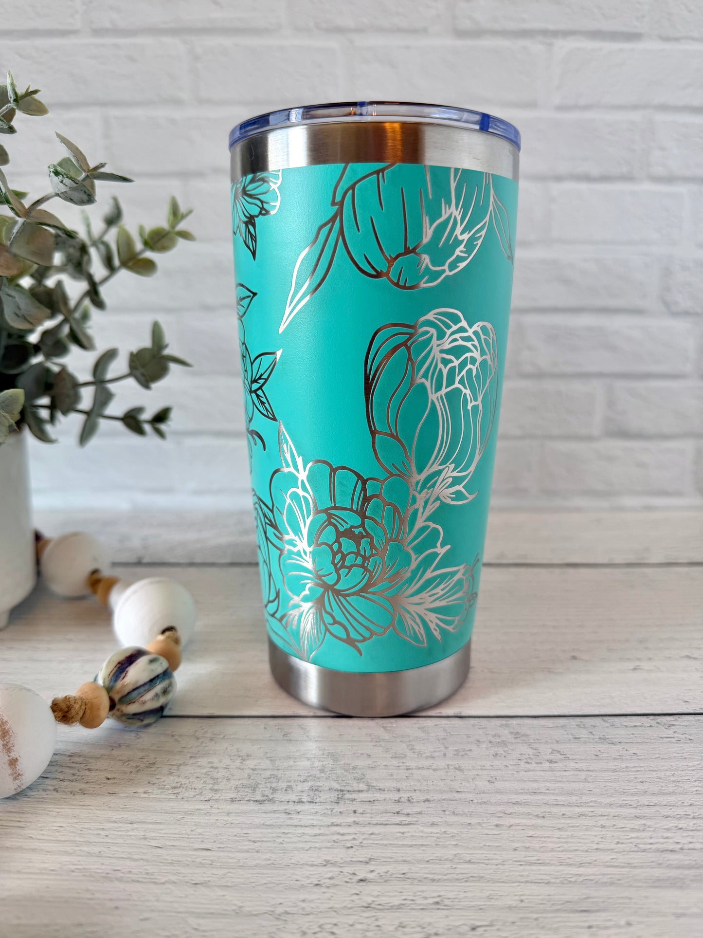 20 oz Tumbler - Peonies - Teal RTS