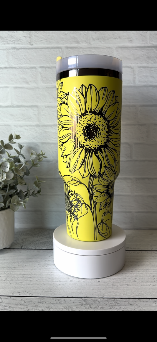 40 Oz Tumbler - Sunflowers - Yellow on Black Chrome RTS
