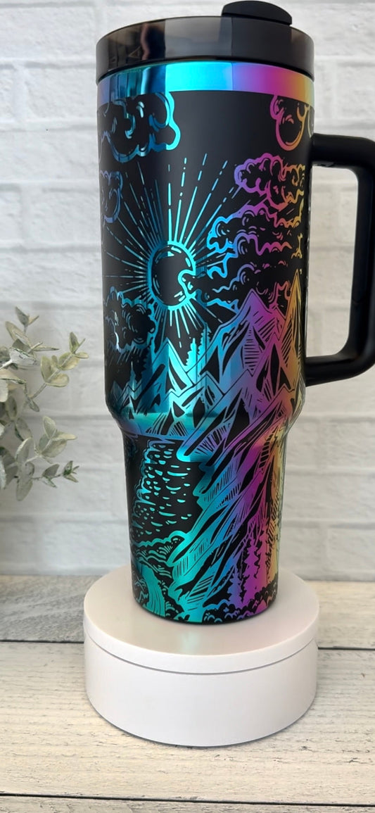 40 oz Tumbler - Mountain Sunset Black on Rainbow RTS
