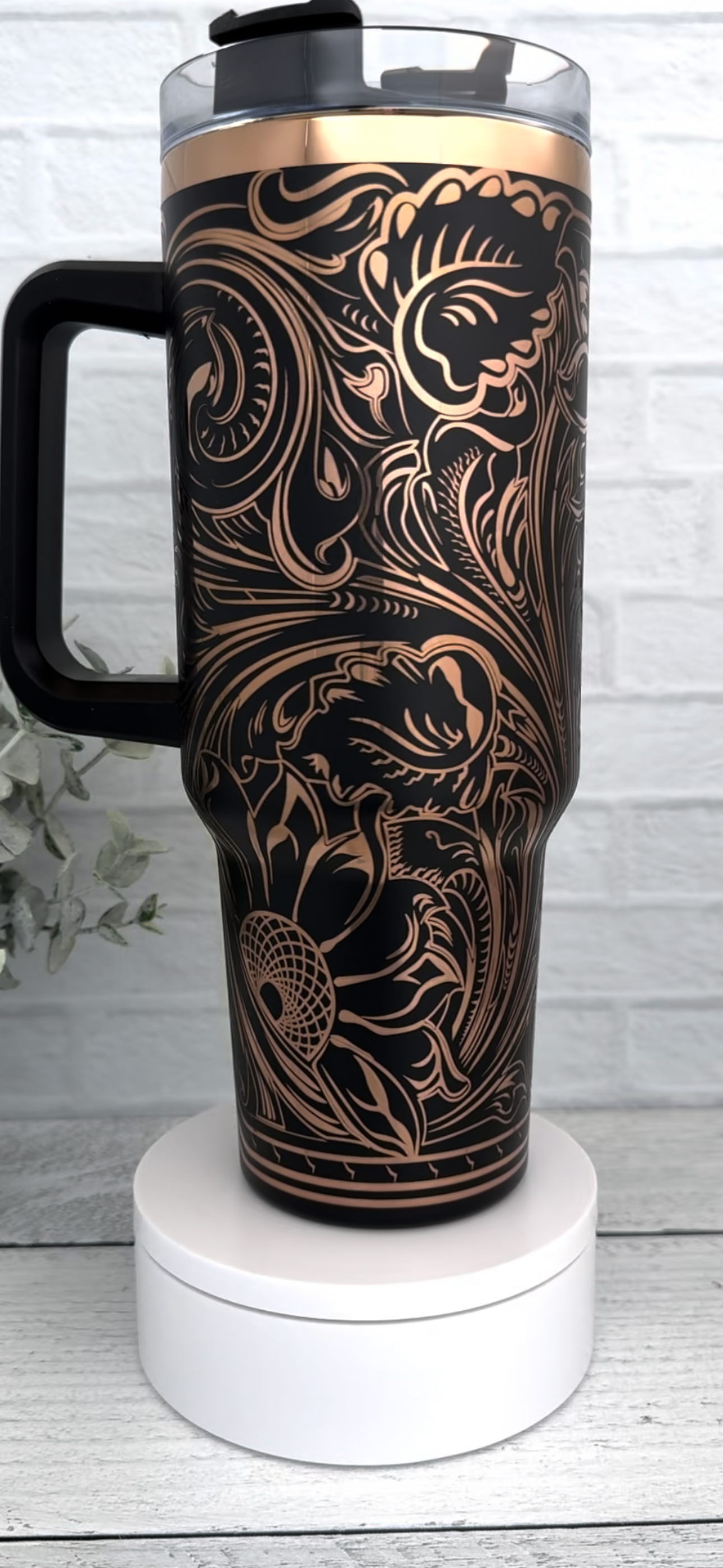 40 Oz Tumbler - Western Floral Tooled Black over Copper RTS