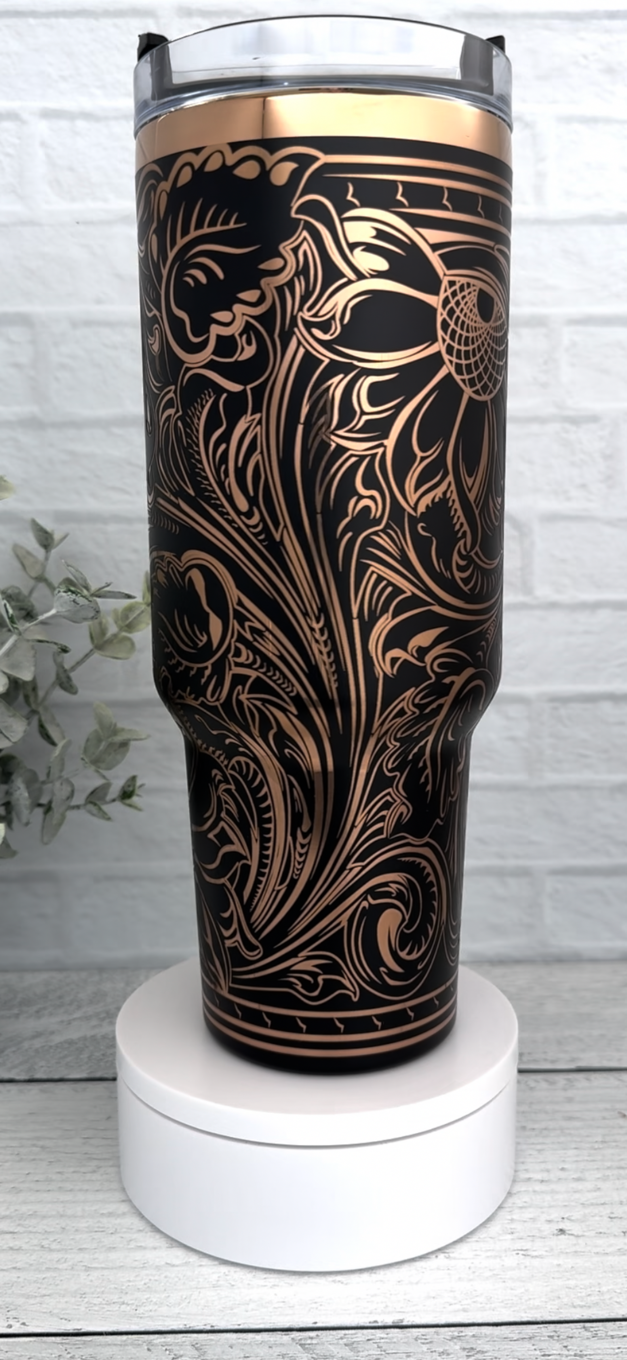 40 Oz Tumbler - Western Floral Tooled Black over Copper RTS