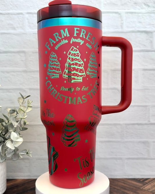 40 oz Tumbler - Christmas Snacks on Red Engraves Green RTS
