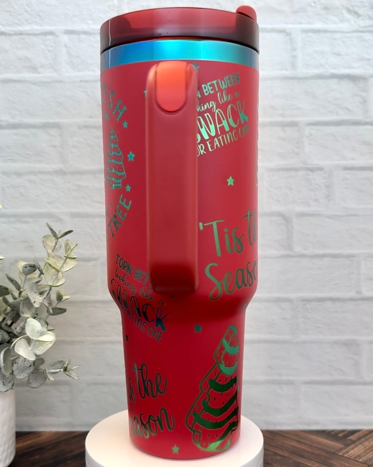 40 oz Tumbler - Christmas Snacks on Red Engraves Green RTS