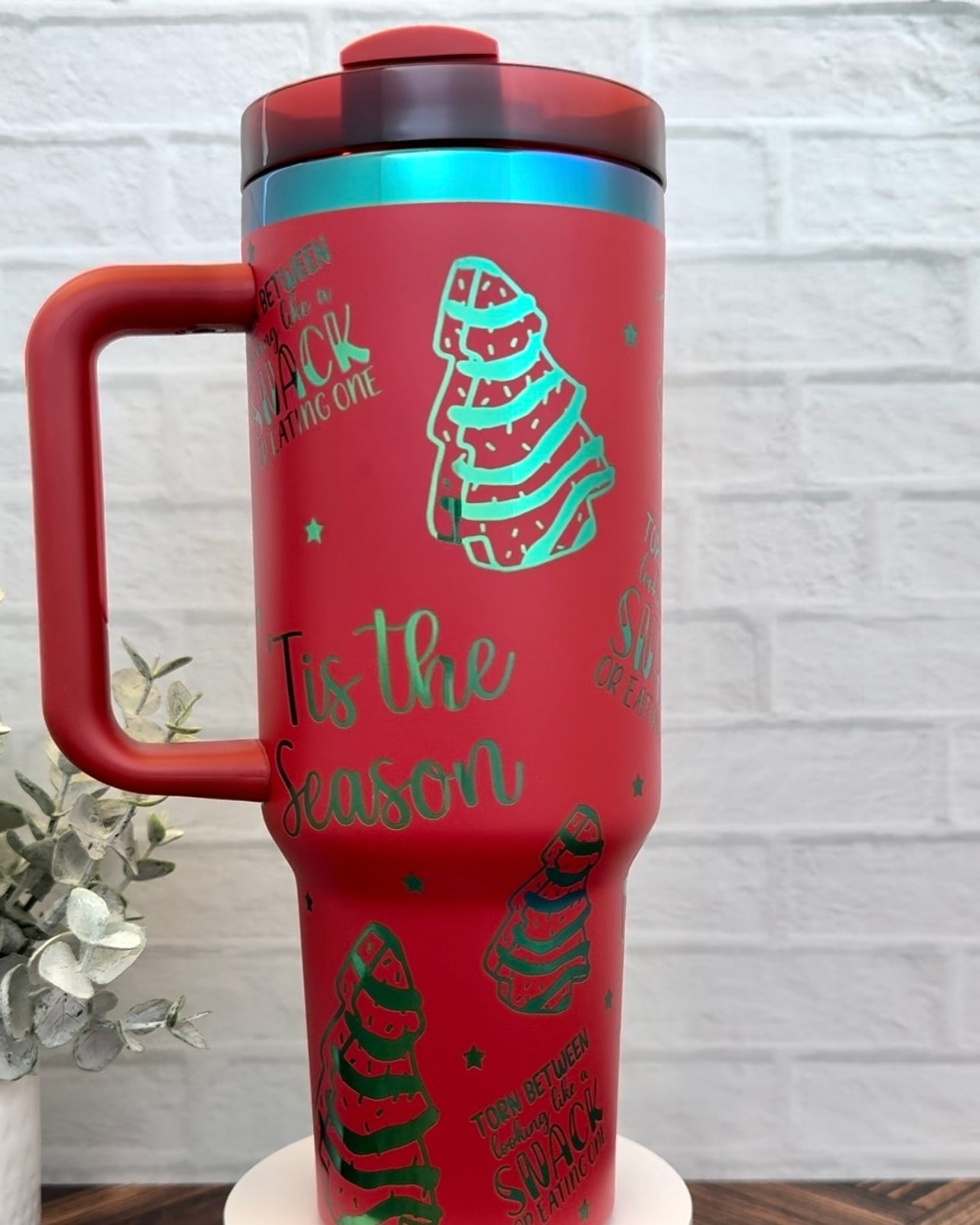 40 oz Tumbler - Christmas Snacks on Red Engraves Green RTS