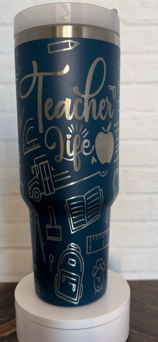 40 oz Tumbler - Teacher Life on Denim RTS