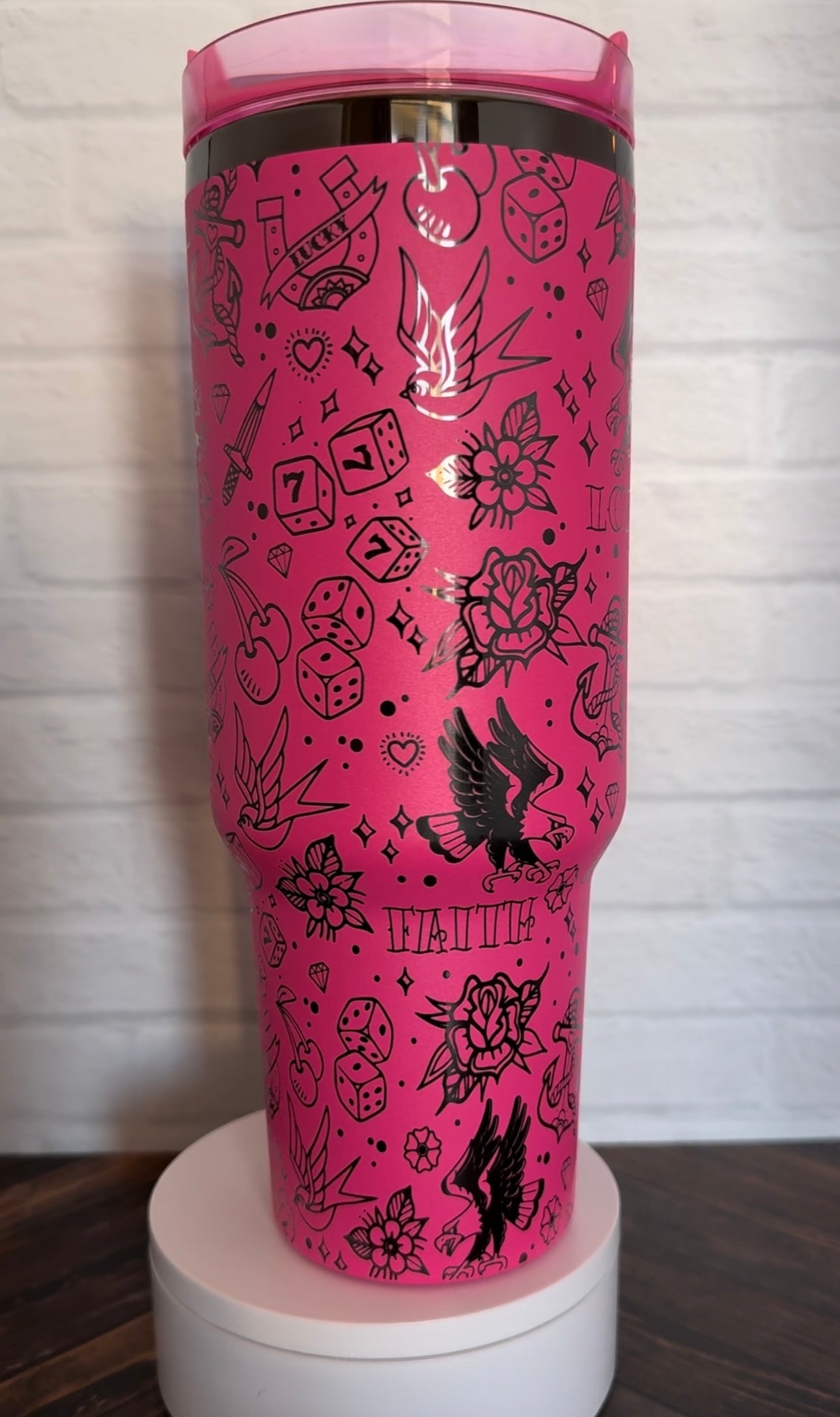 40 oz Tumbler - Tattoo Flash on Hot pink engraves Black RTS