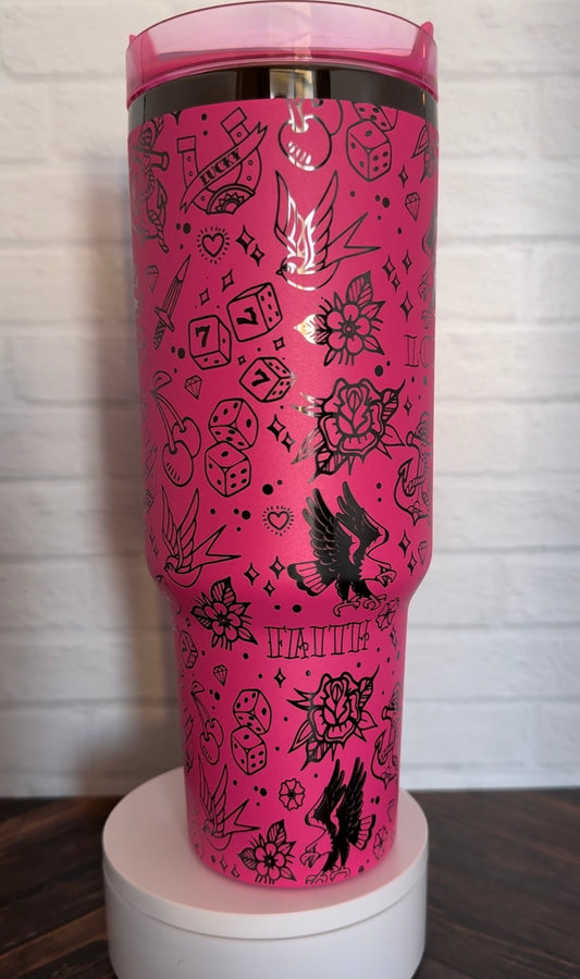 40 oz Tumbler - Tattoo Flash on Hot pink engraves Black RTS