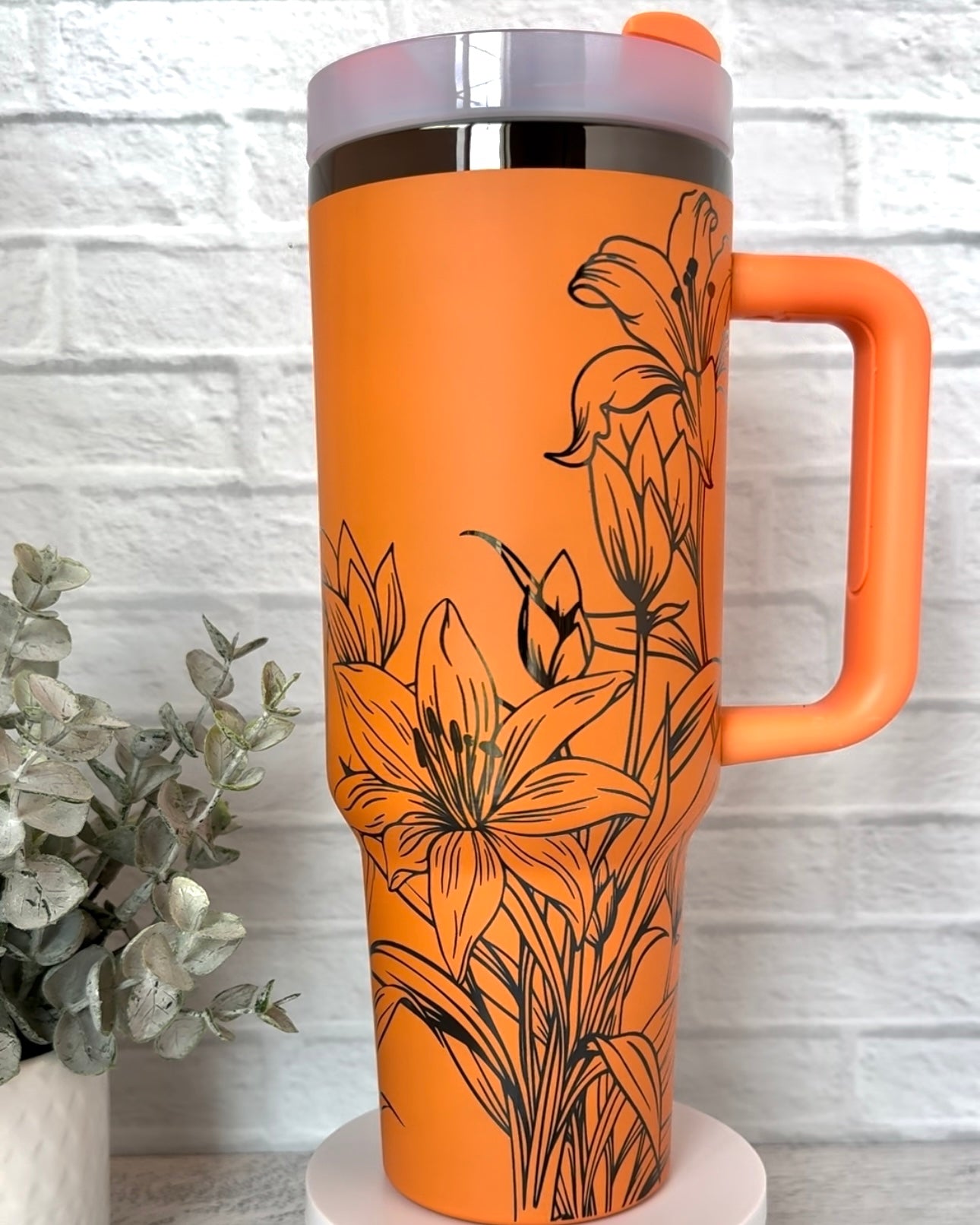 40 oz Tumbler - Tiger lilies on Orange engraves black RTS