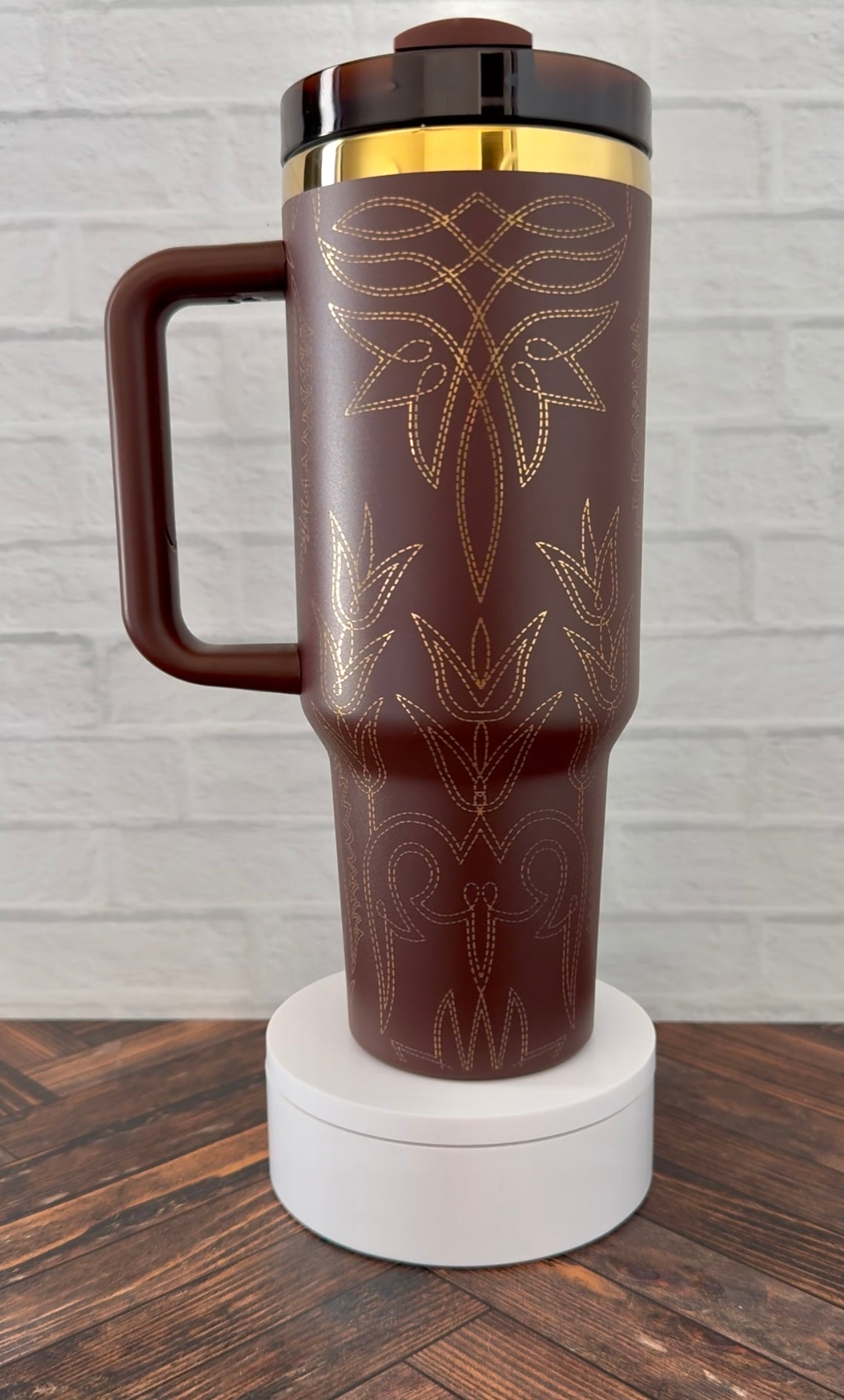 40 Oz Tumbler - Cowboy Boots on Gold Underlay - Chocolate Brown RTS