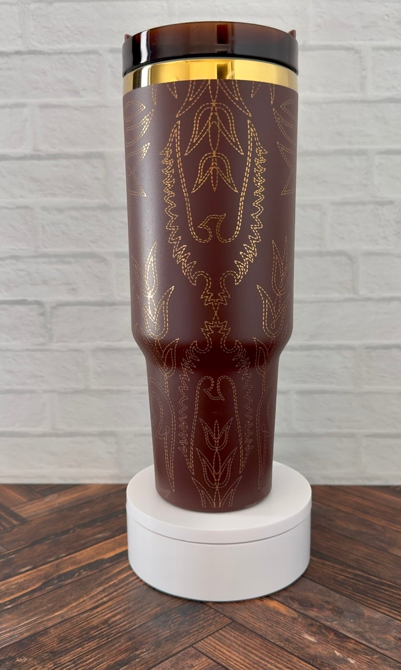 40 Oz Tumbler - Cowboy Boots on Gold Underlay - Chocolate Brown RTS