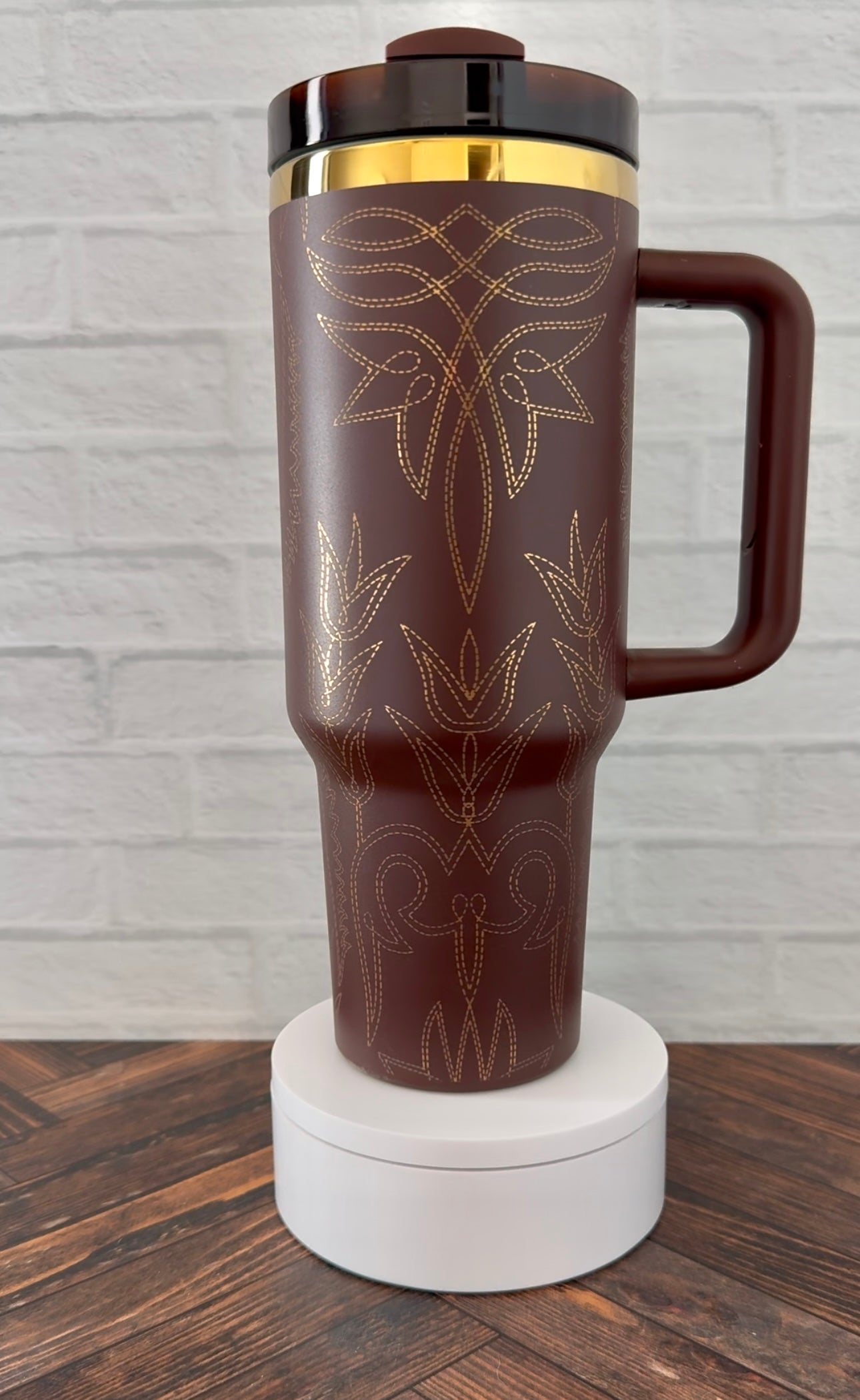 40 Oz Tumbler - Cowboy Boots on Gold Underlay - Chocolate Brown RTS
