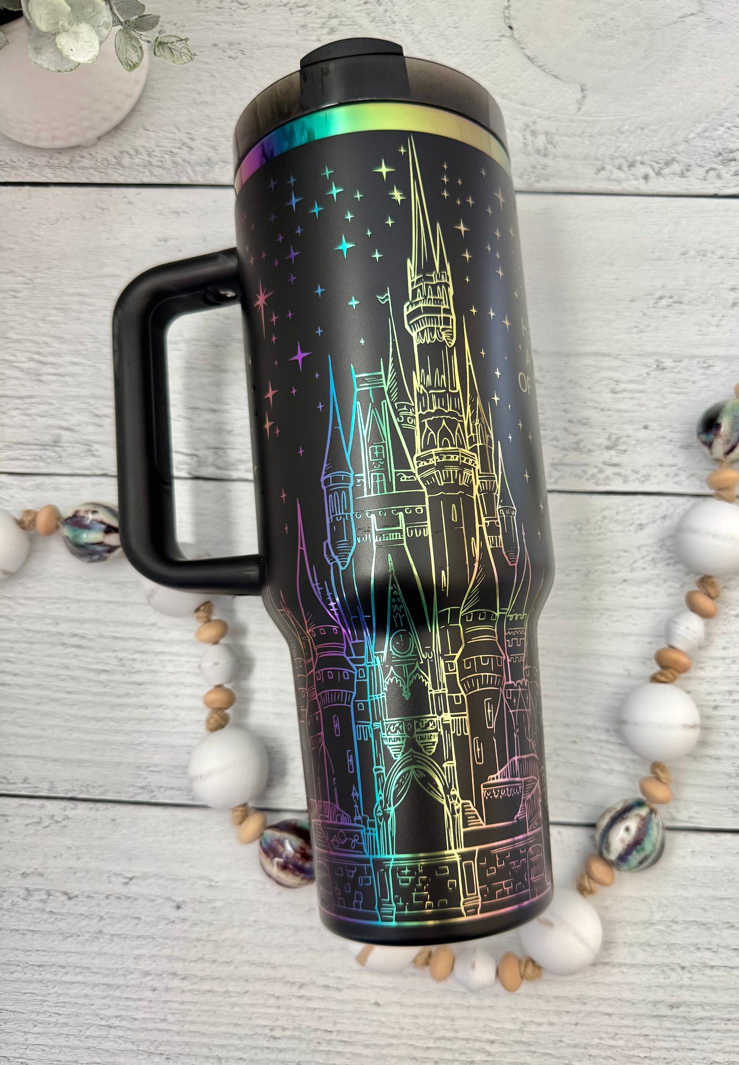 40 Oz Tumbler - Magical Castle with Quote Black on rainbow RTS