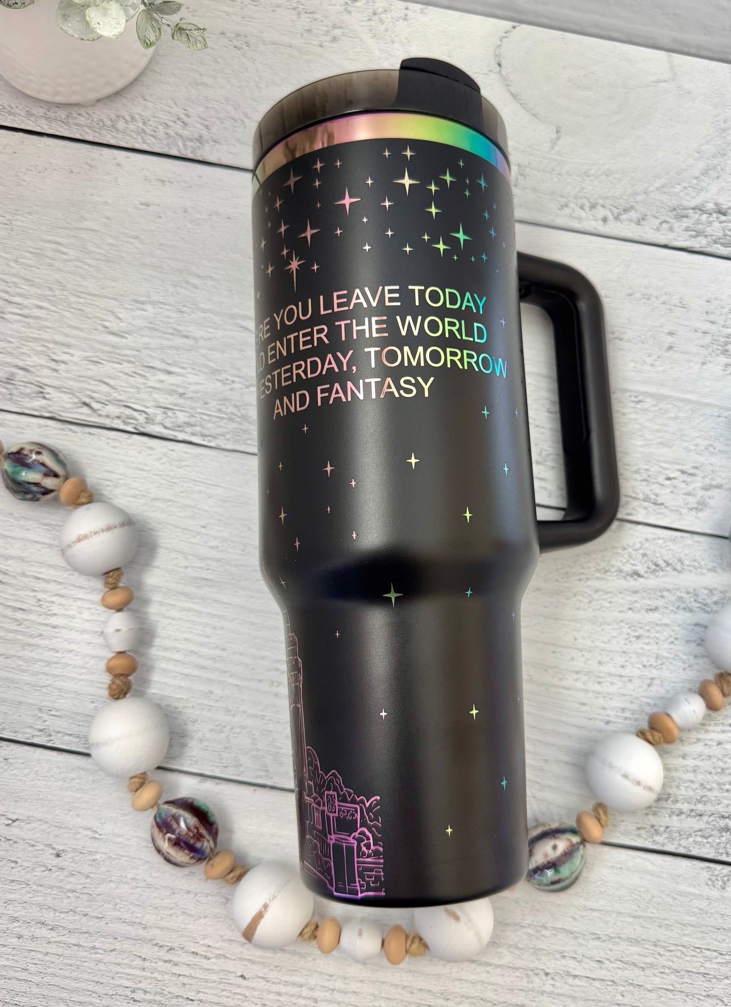 40 Oz Tumbler - Magical Castle with Quote Black on rainbow RTS