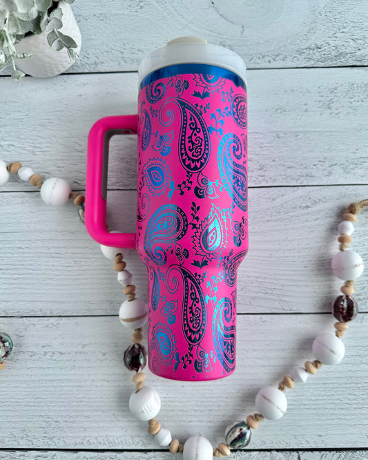 40 oz Paisley on Hot Pink engraves Blue RTS