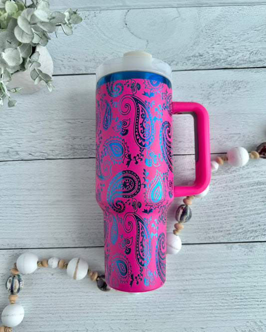 40 oz Paisley on Hot Pink engraves Blue RTS