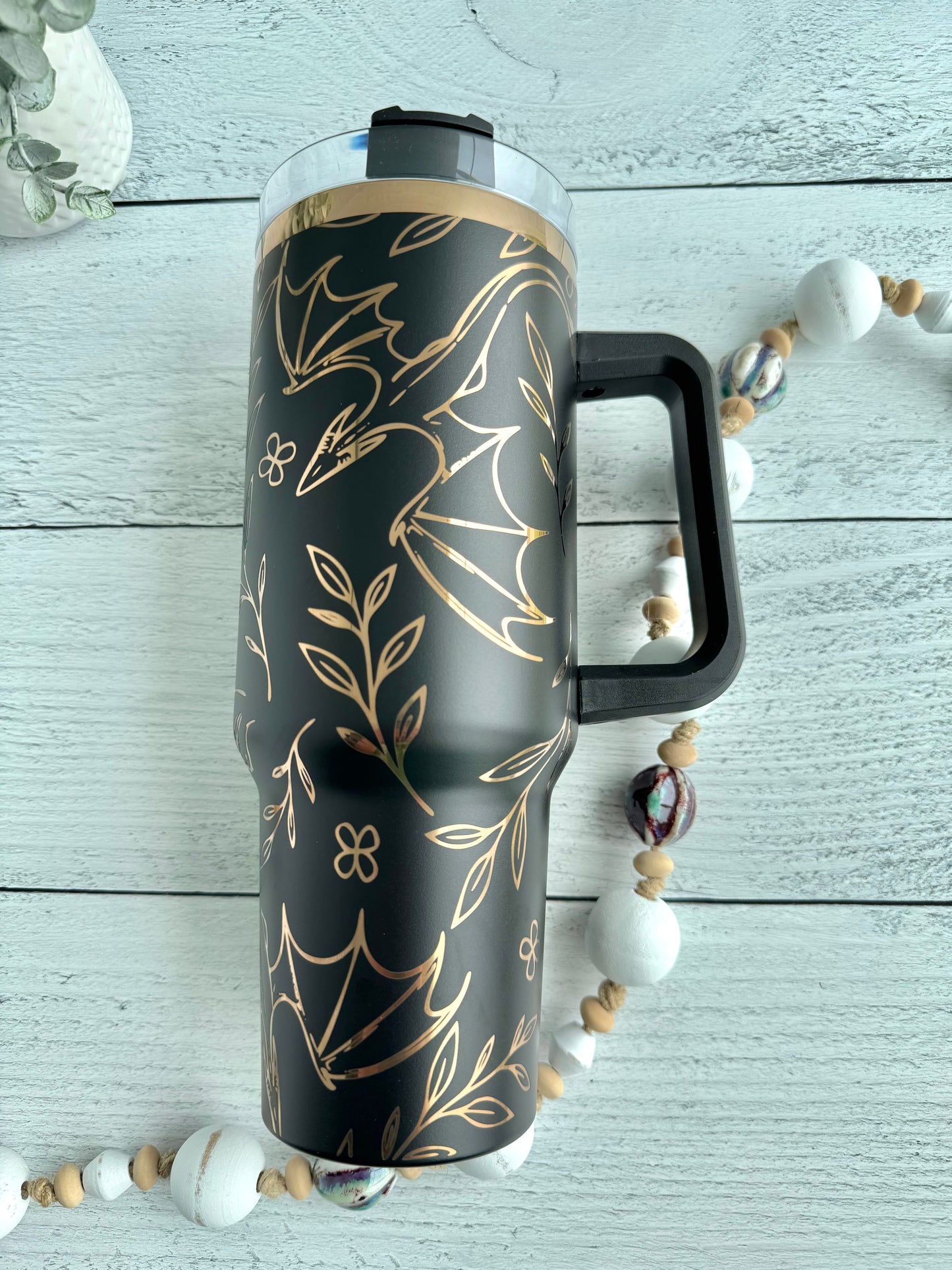 40 oz Dragon floral Black on copper RTS