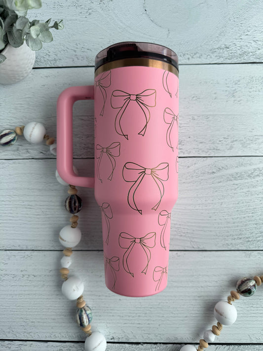 40 oz Tumbler - Coquette Bows Pink on Copper RTS