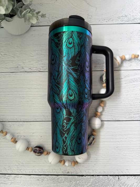 40 oz Tumbler - Peacock Feathers on Chroma RTS