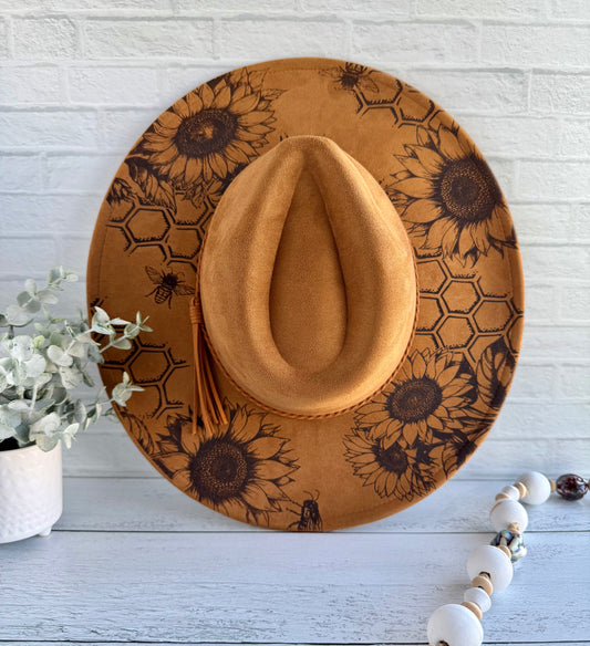 Sunflowers and Honey Bees on Camel Brown Wide Brim Hat