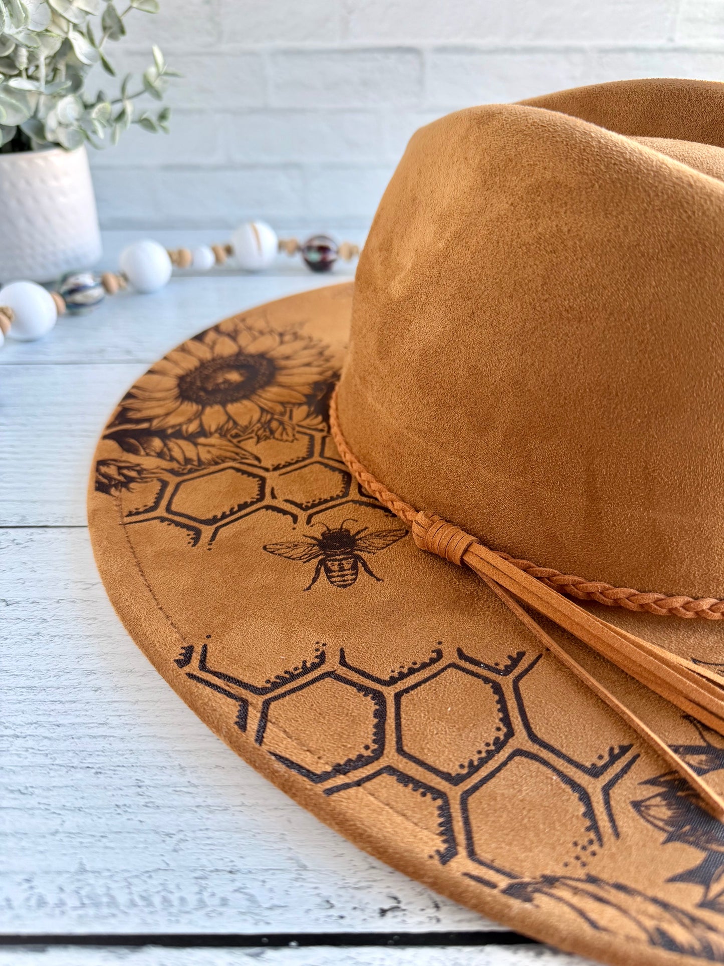 Sunflowers and Honey Bees on Camel Brown Wide Brim Hat