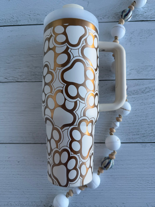 40 oz Tumbler - Dog Paws Cream on Brushed Copper RTS