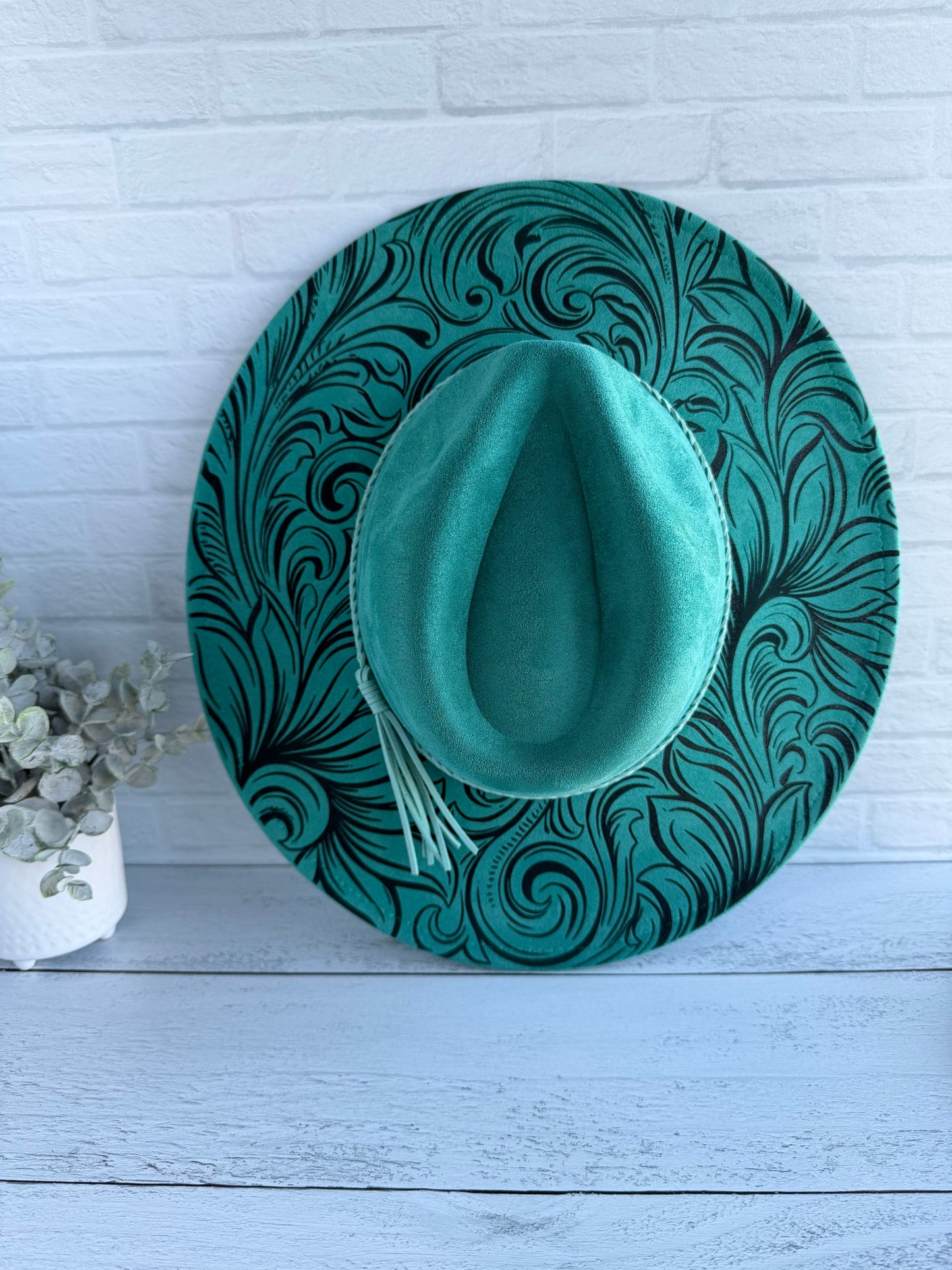 Western Tooled on Teal Wide Brim Hat