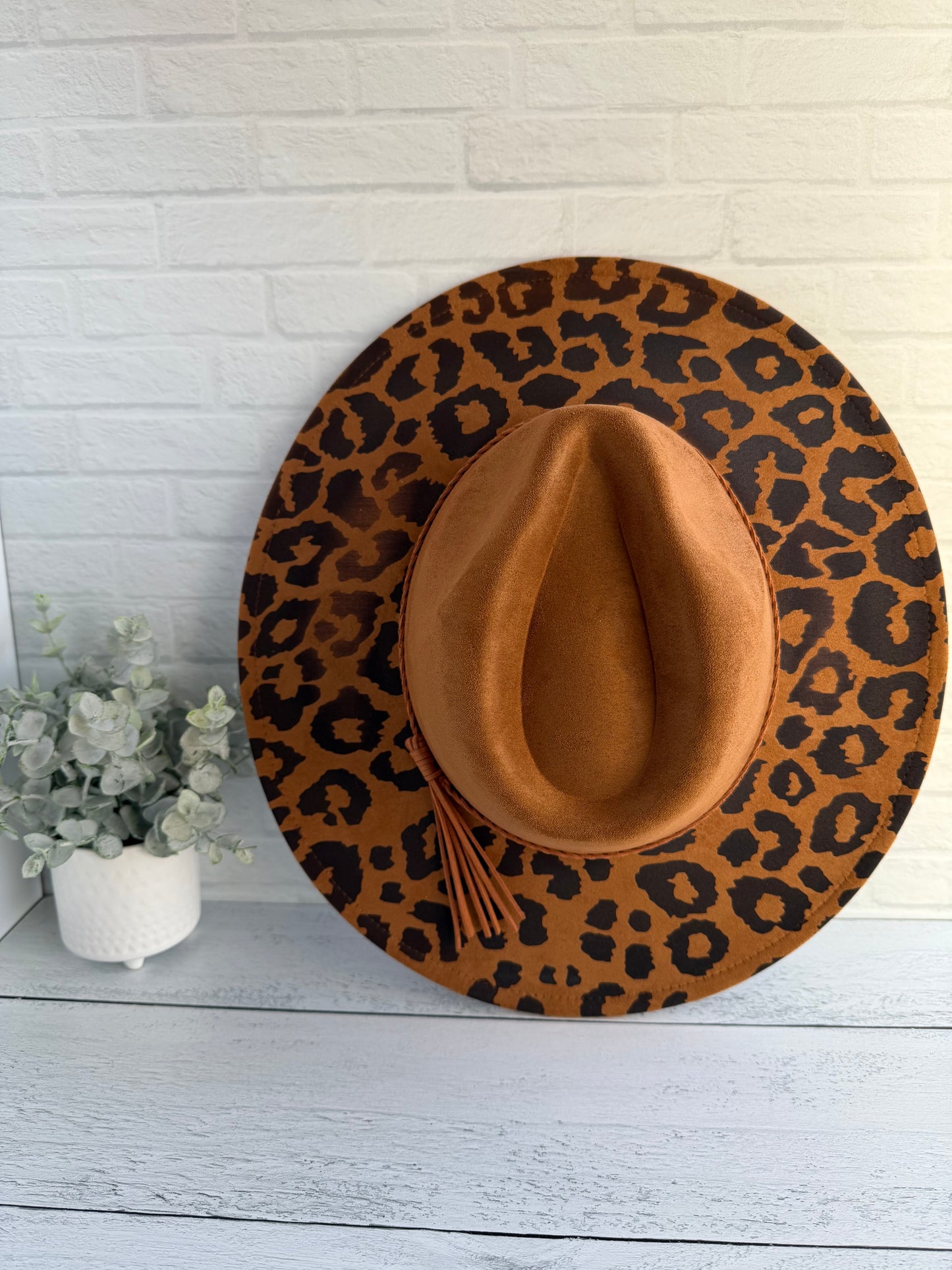 Leopard Print on Camel Brown Wide Brim Hat