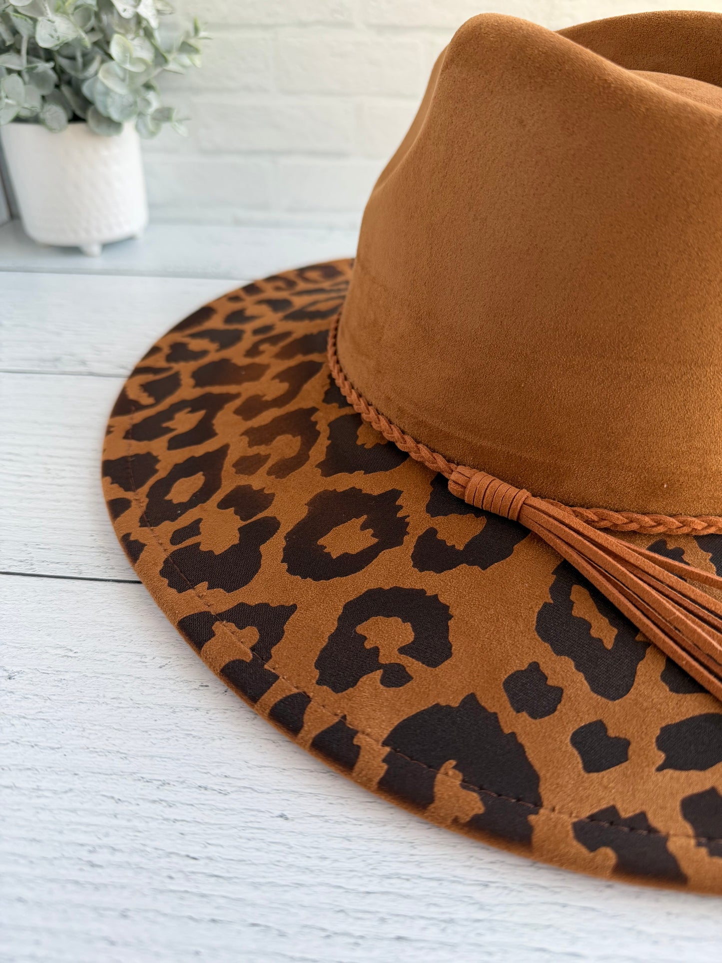 Leopard Print on Camel Brown Wide Brim Hat