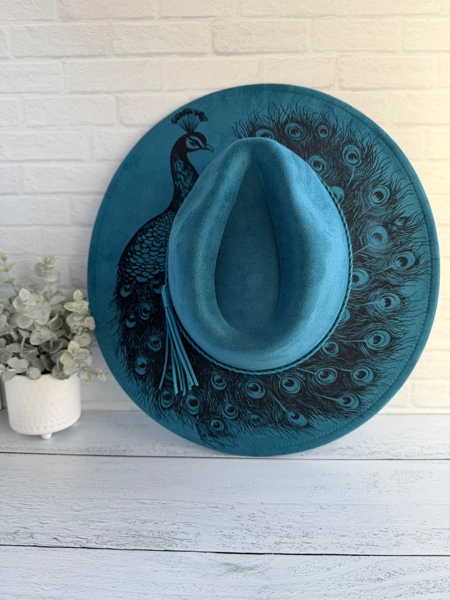 Peacock on Ocean Blue Wide Brim Hat