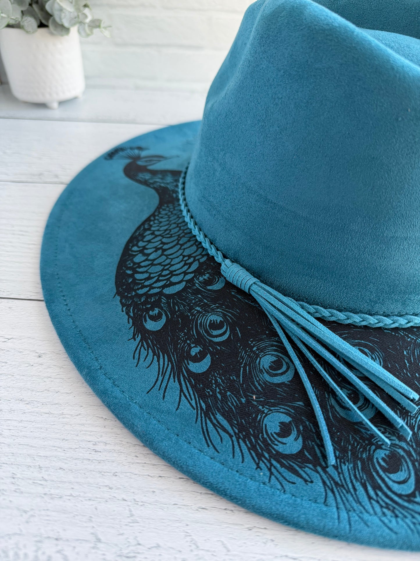 Peacock on Ocean Blue Wide Brim Hat