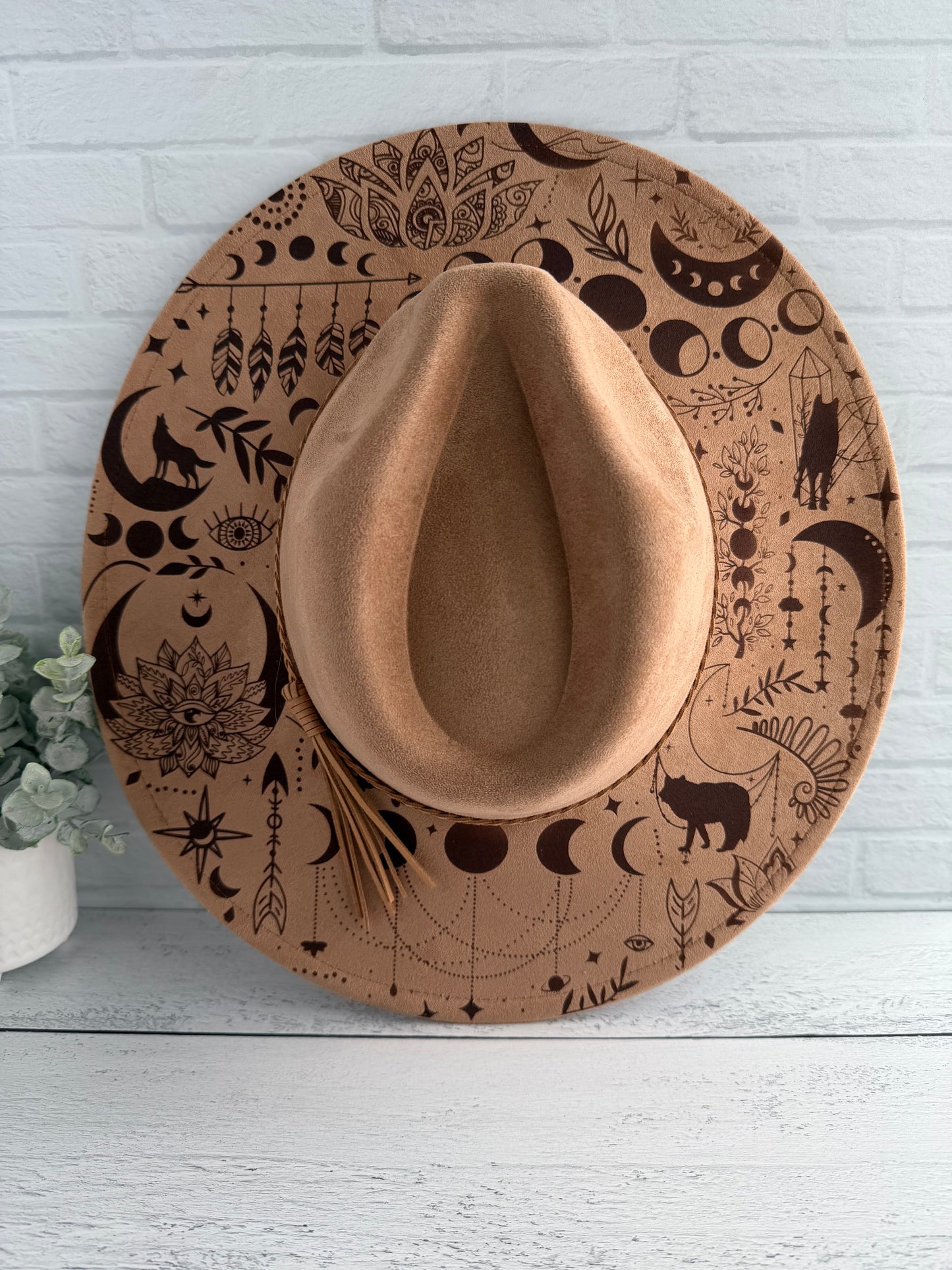 Boho Wolves on Khaki Wide Brim Hat