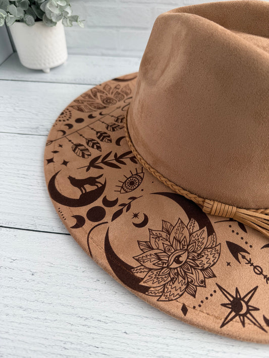 Boho Wolves on Khaki Wide Brim Hat