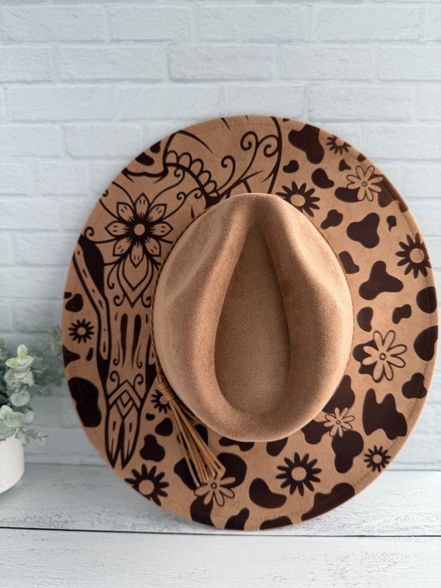 Cow Skull Floral on Khaki Wide Brim Hat