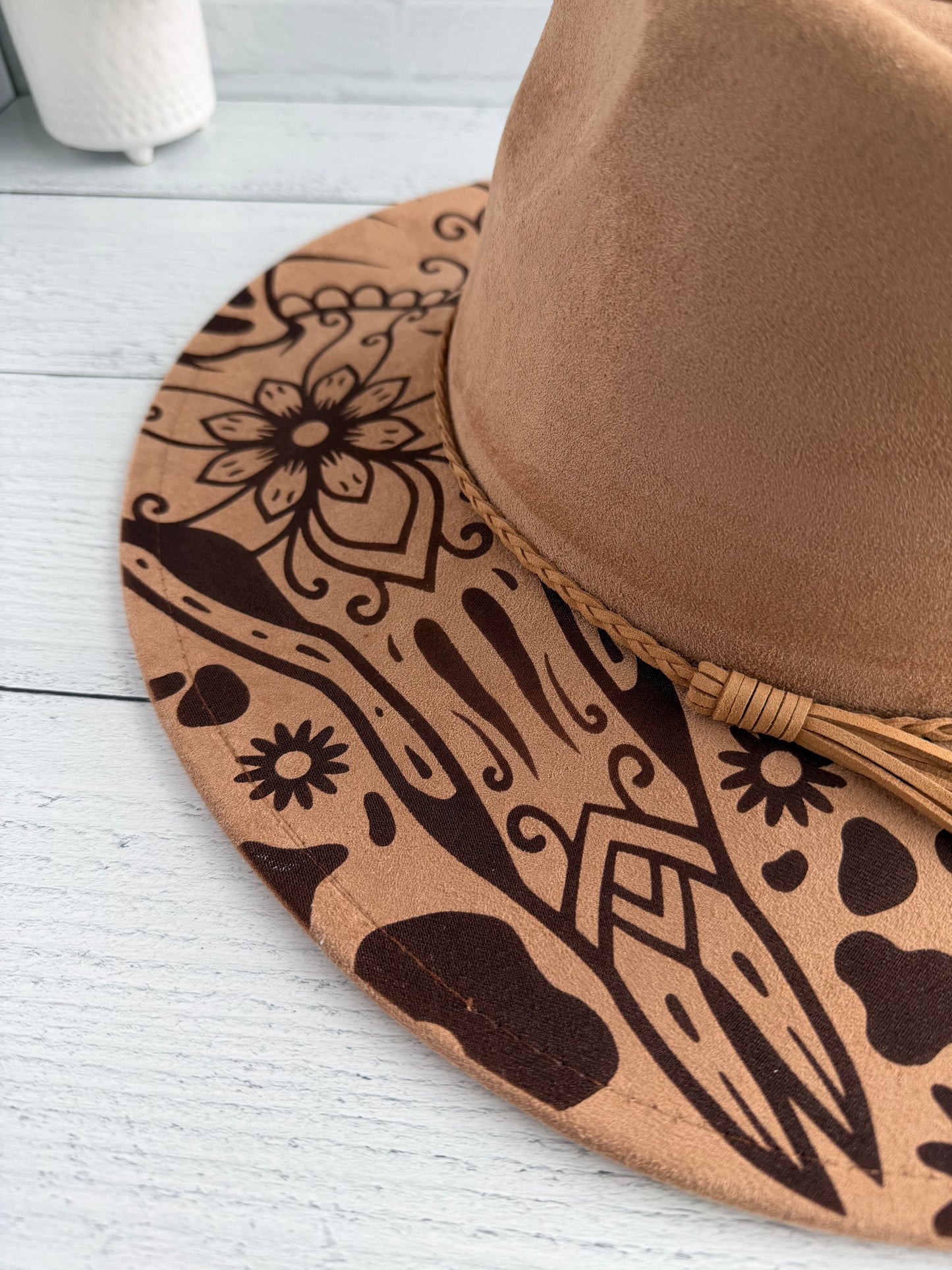 Cow Skull Floral on Khaki Wide Brim Hat