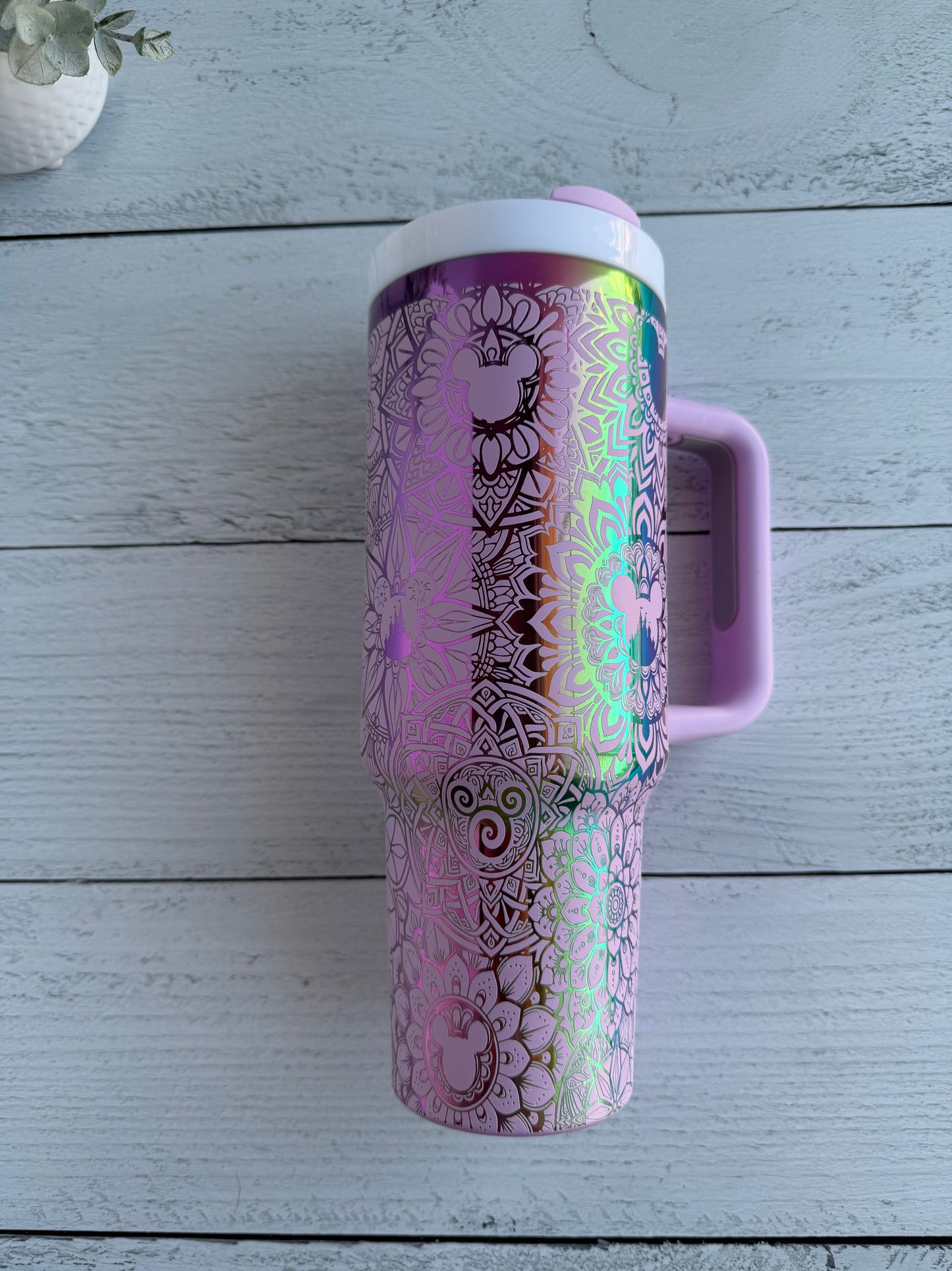 40 oz Tumbler - Magical Mandala on Light Pink engraves Rainbow RTS