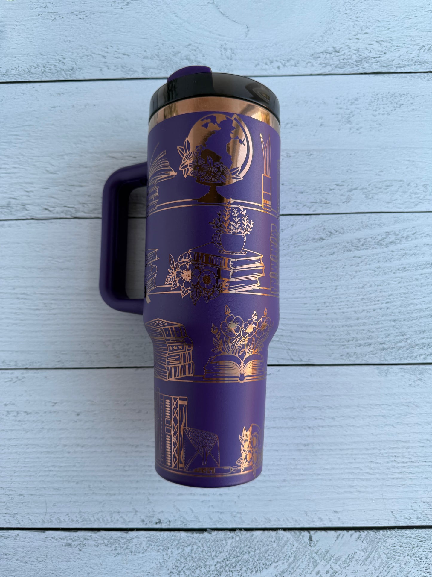 40 oz Tumbler - Book Shelves on Purple engraves Copper RTS