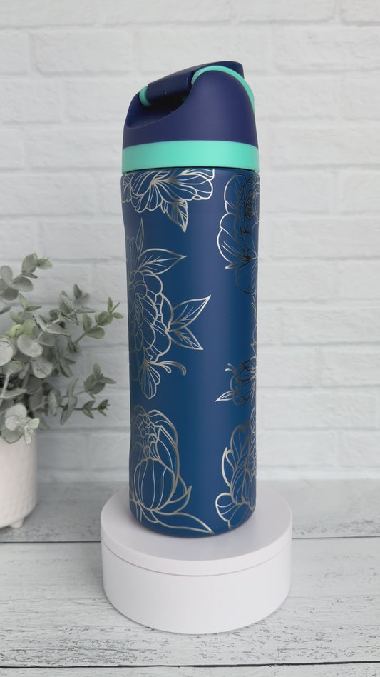 24 Oz Tumbler with Peony design on Blue RTS