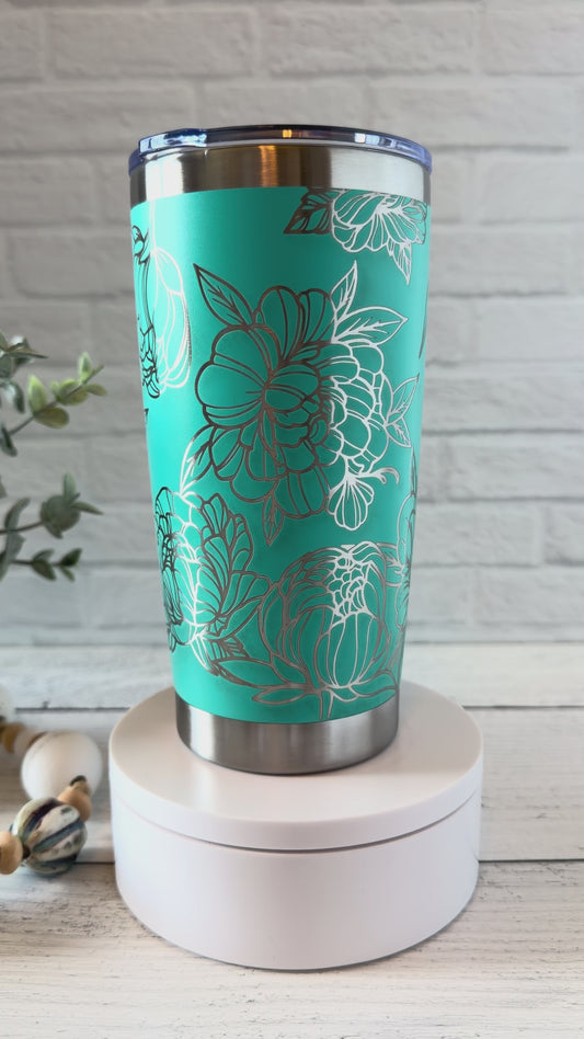 20 oz Tumbler - Peonies - Teal RTS