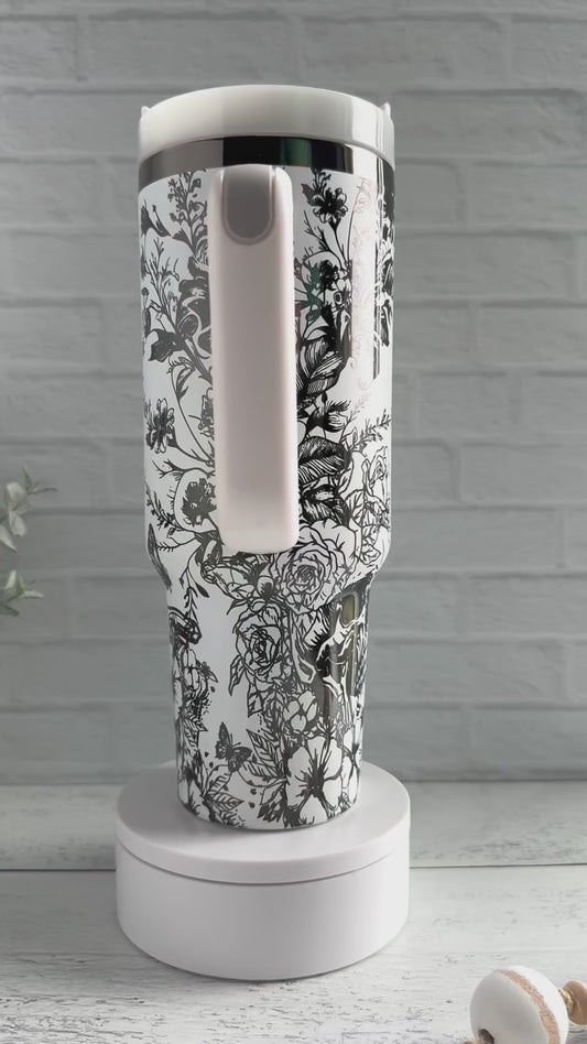 40 oz Tumbler - Skeleton Garden White on Black RTS