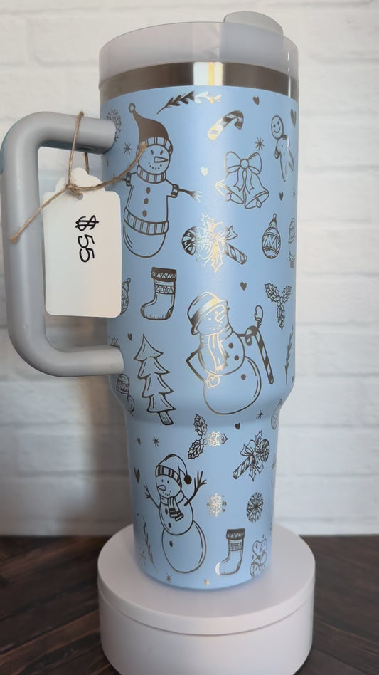 40 oz Tumbler - Christmas Snowmen on Sky Blue RTS