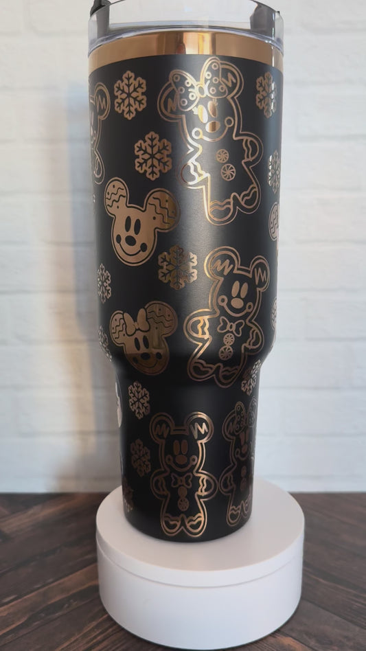40 oz Tumbler - Gingerbread Mice on Black engraves Copper RTS