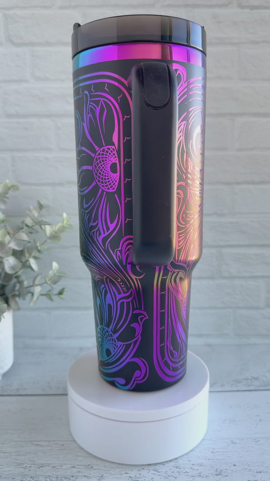 40 Oz Tumbler - Western Floral Tooled Black over Rainbow RTS