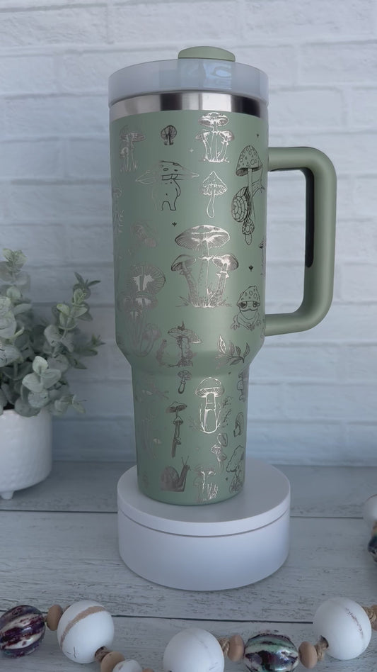 40 oz Tumbler - Mushrooms & Frogs on Sage RTS