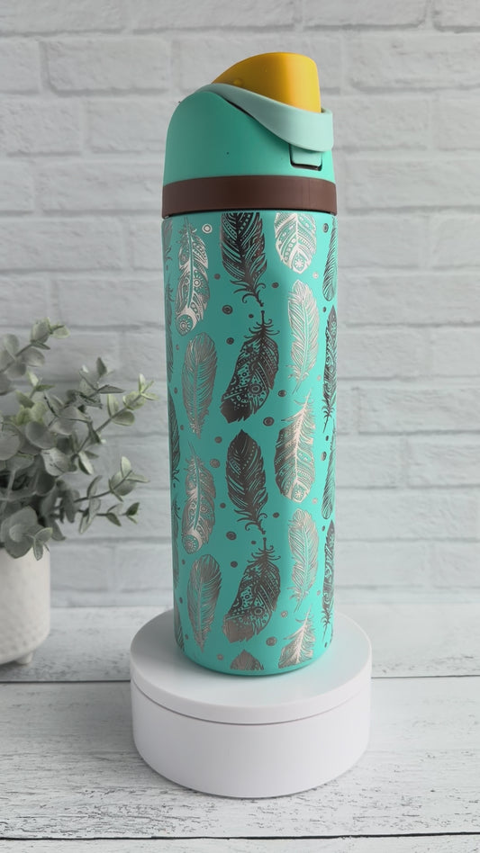 24 Oz Tumbler with Feather design on Teal RTS